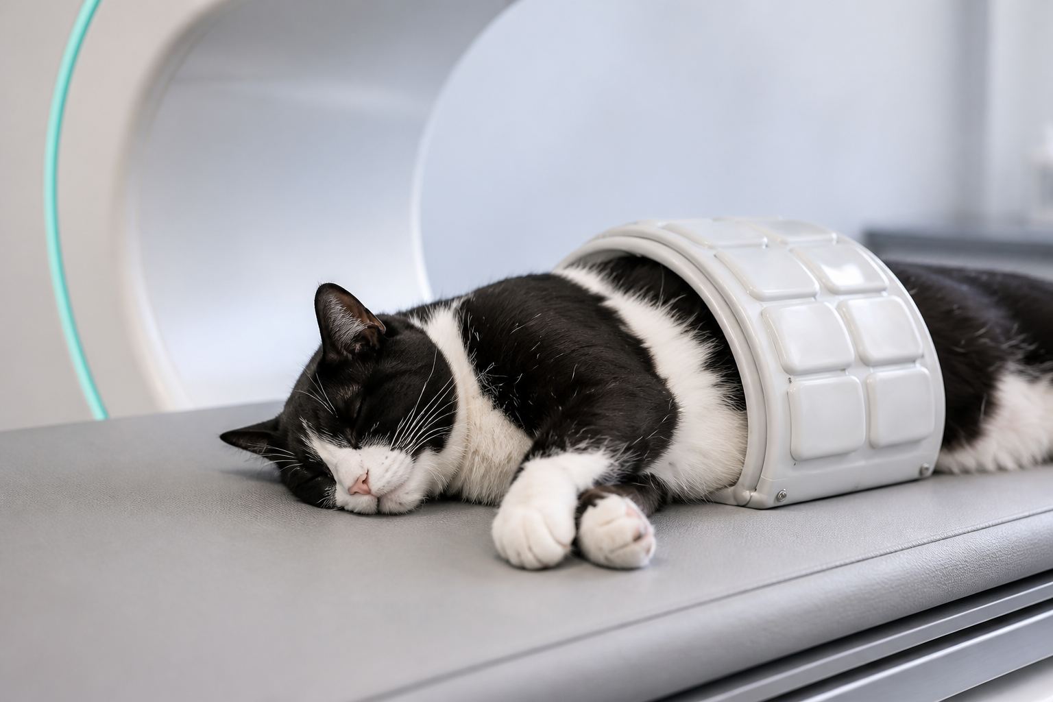 A sleeping cat resting on the scanner table wearing the imaging coil