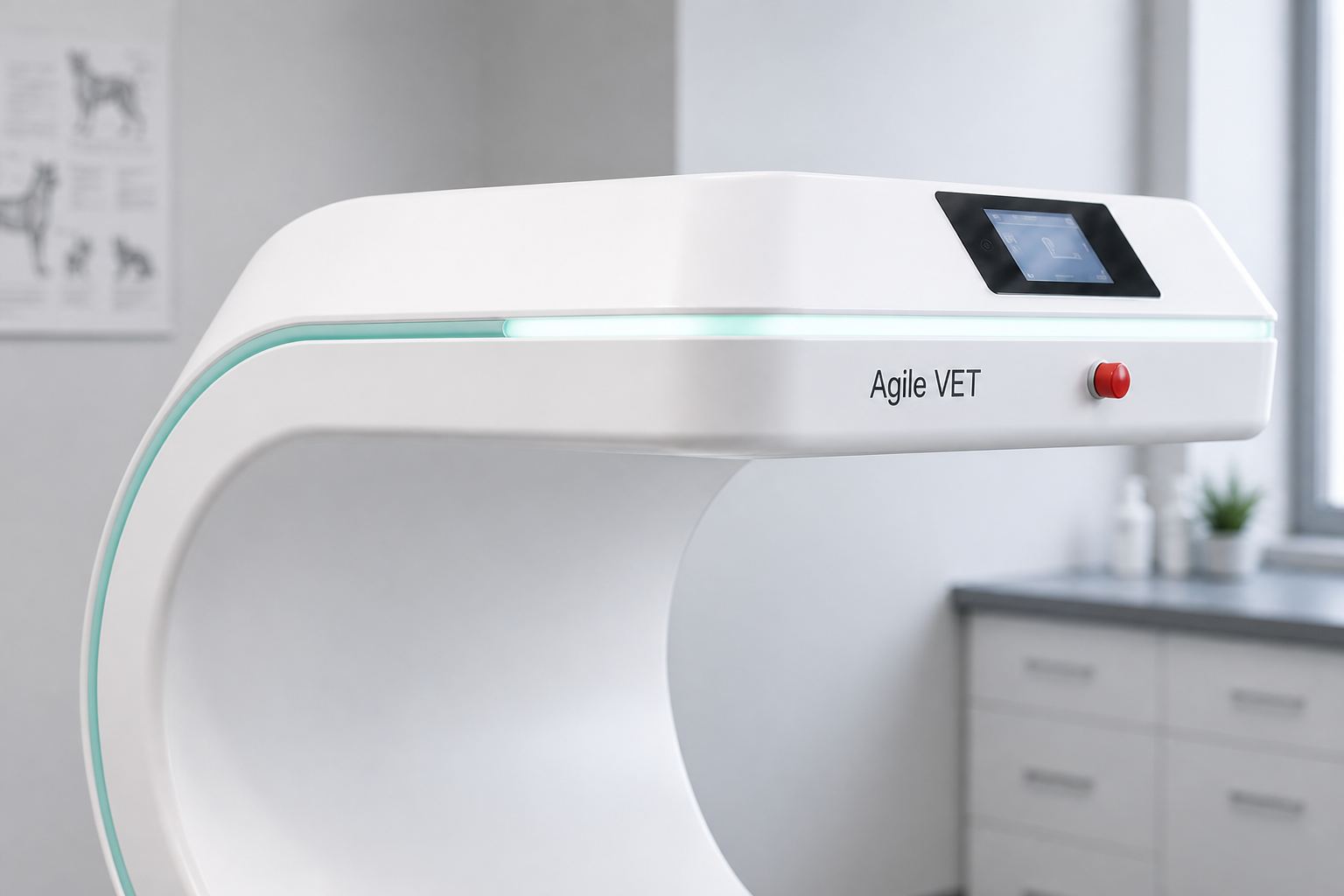 Close-up of the AgileVet scanner arm with its light line