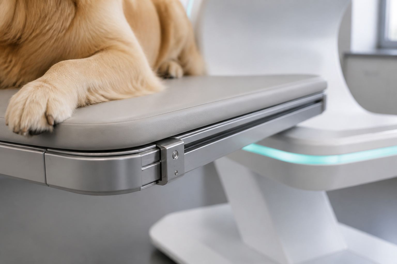 A golden retriever's paws resting on the padded scanner table