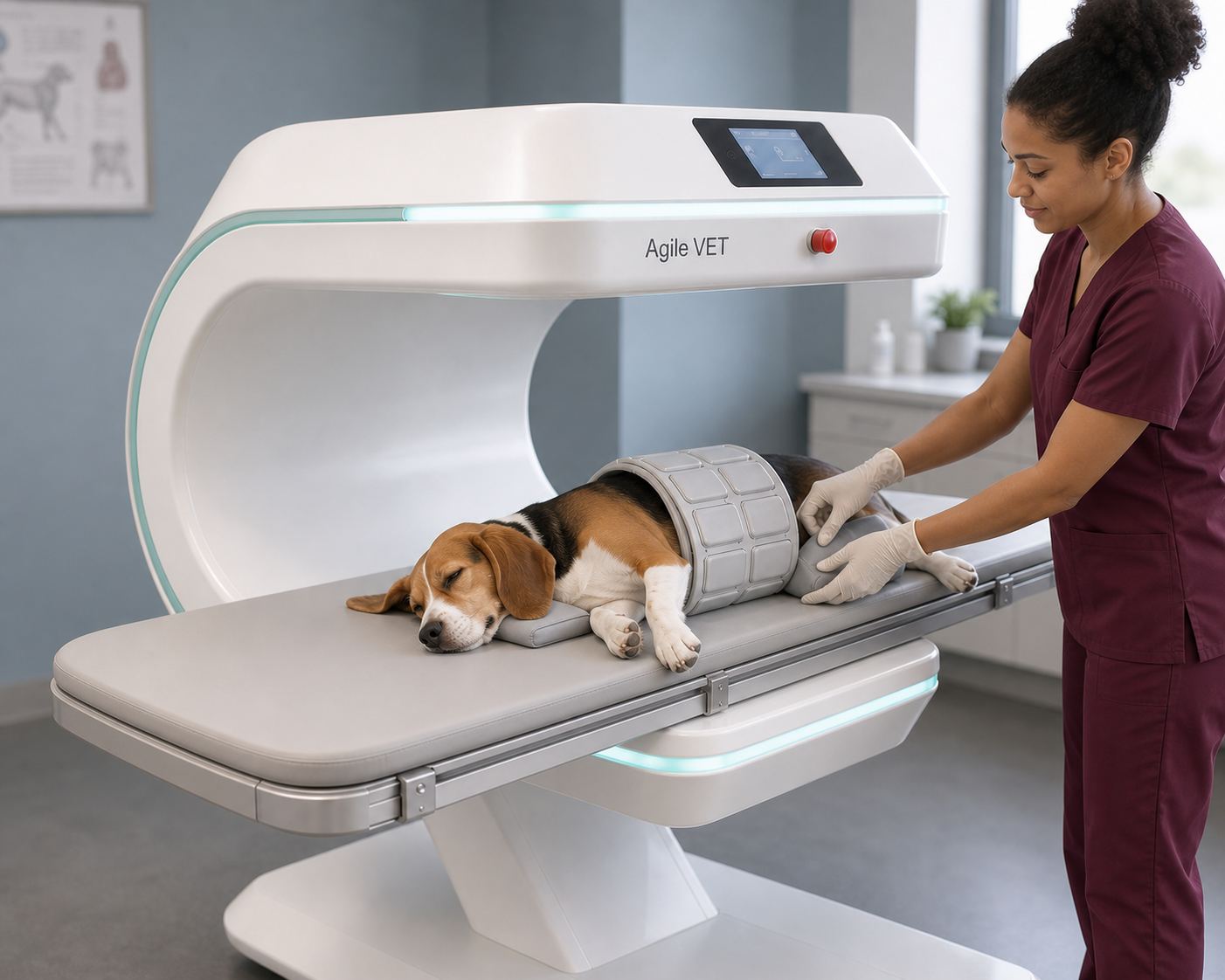 Concept render: a veterinary nurse positions an anaesthetised beagle in the open scanner