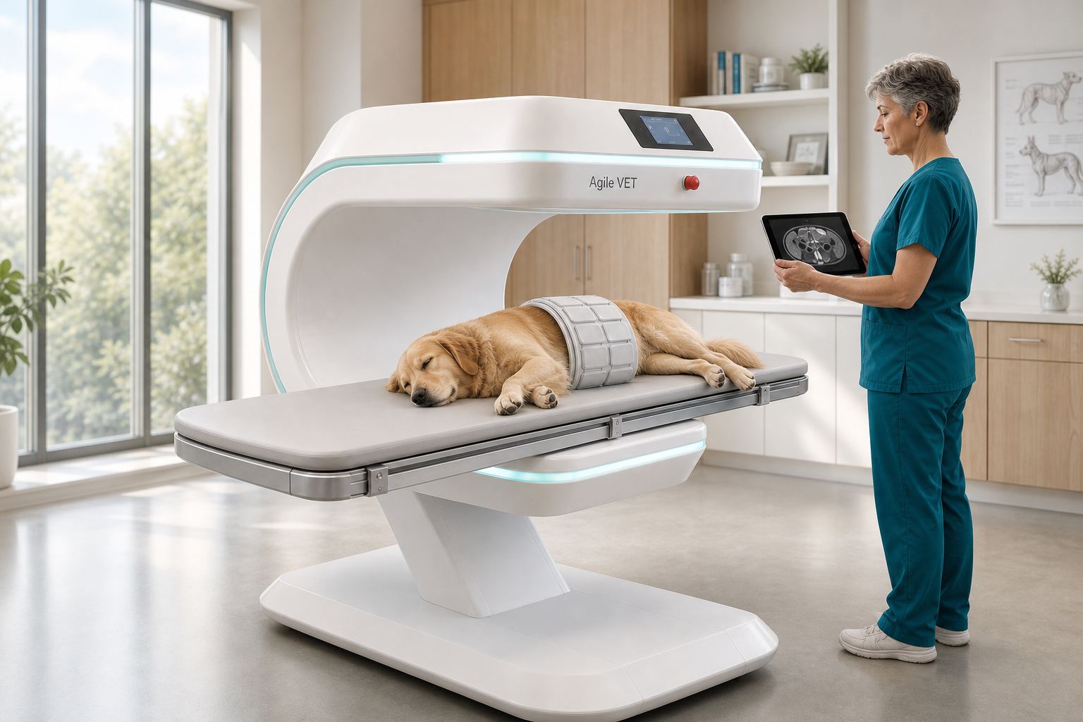 Concept render: golden retriever in the AgileVet scanner at a bright hospital