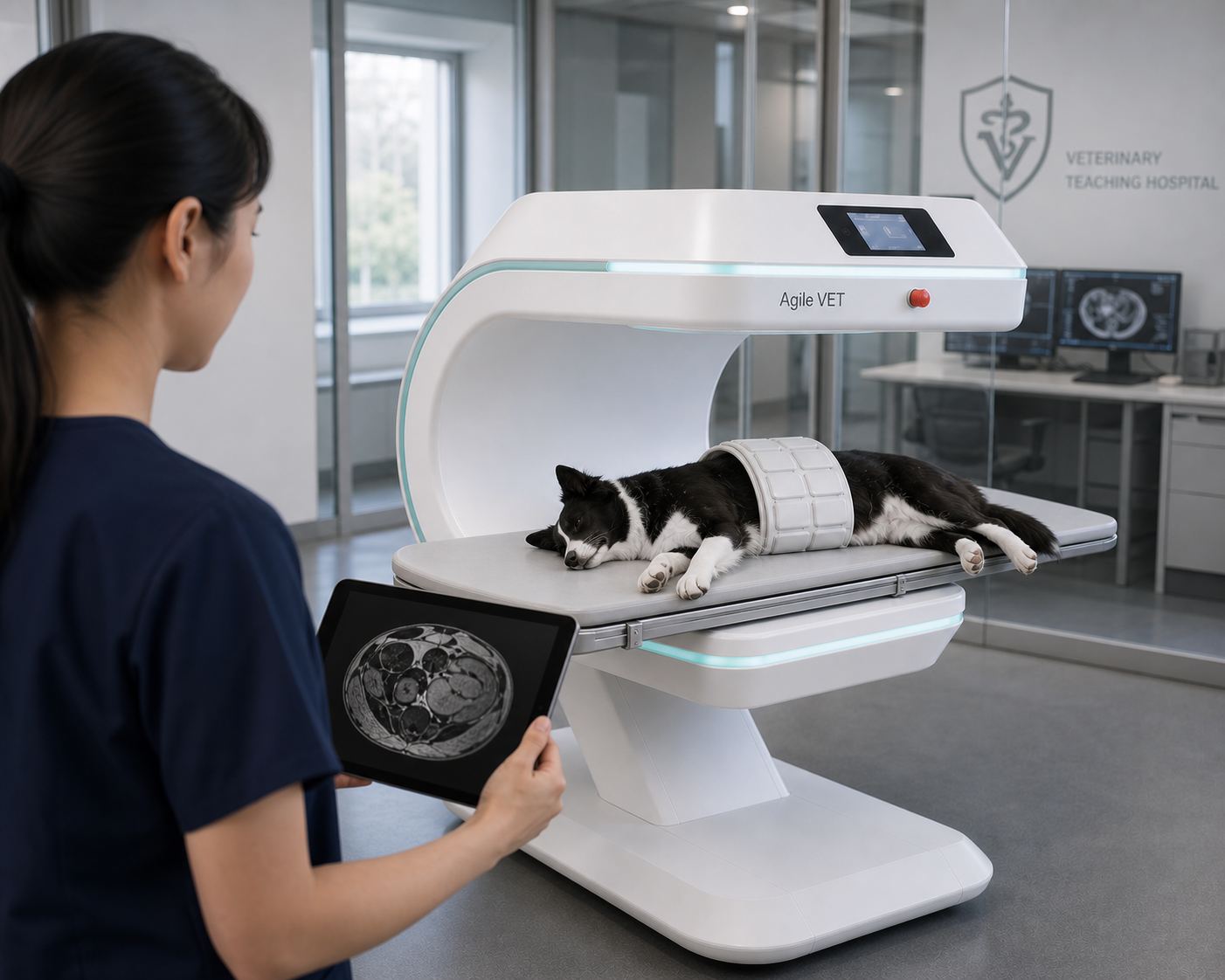 Concept render of the AgileVet scanner with an anaesthetised dog in a veterinary teaching hospital